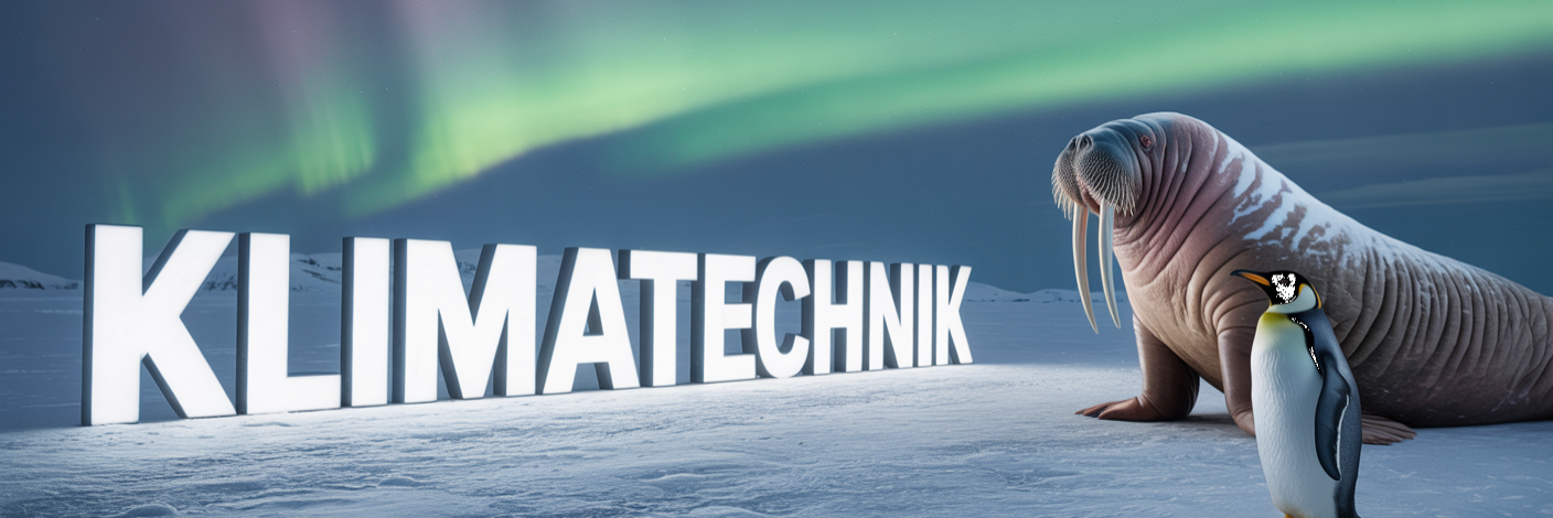 Pinguin und Walross schauen auf die Schrift  Klimatechnik