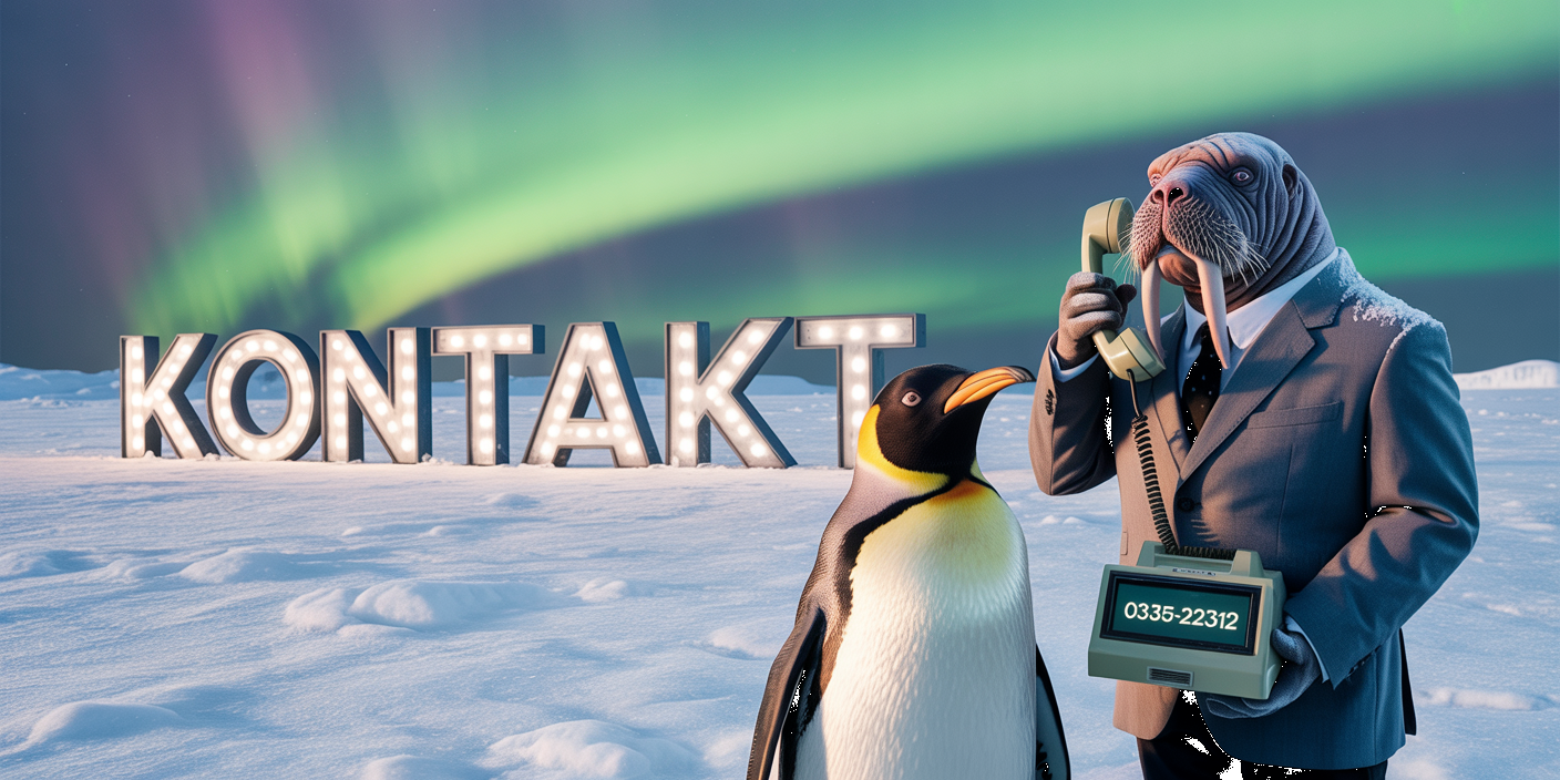 Ein Pinguin neben einem Walross welches telefoniert