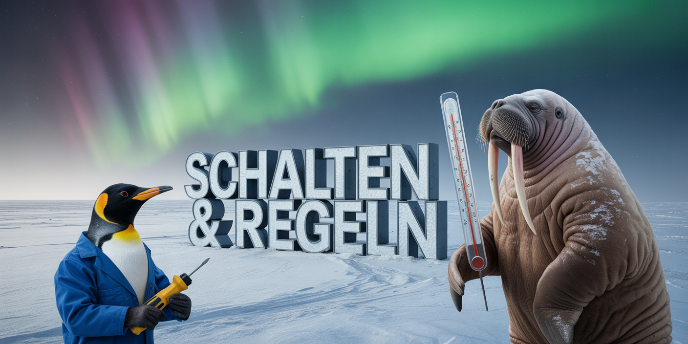 Pinguin mit Schraubenzieher und Walross mit Therometer